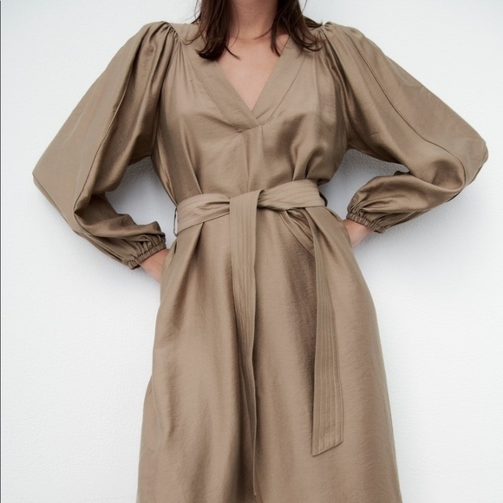 Zara NWT 🏷️ Khaki A-Line Dress With Belt Long Sleeves Room To Move XL - Picture 2 of 11